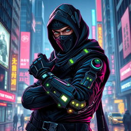 A striking cyberpunk character design featuring a dark ninja with a human face and a sleek bionic arm