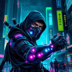 A striking cyberpunk character design featuring a dark ninja with a human face and a sleek bionic arm