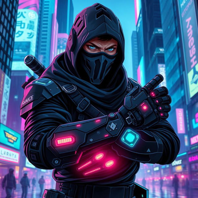 A striking cyberpunk character design featuring a dark ninja with a human face and a sleek bionic arm