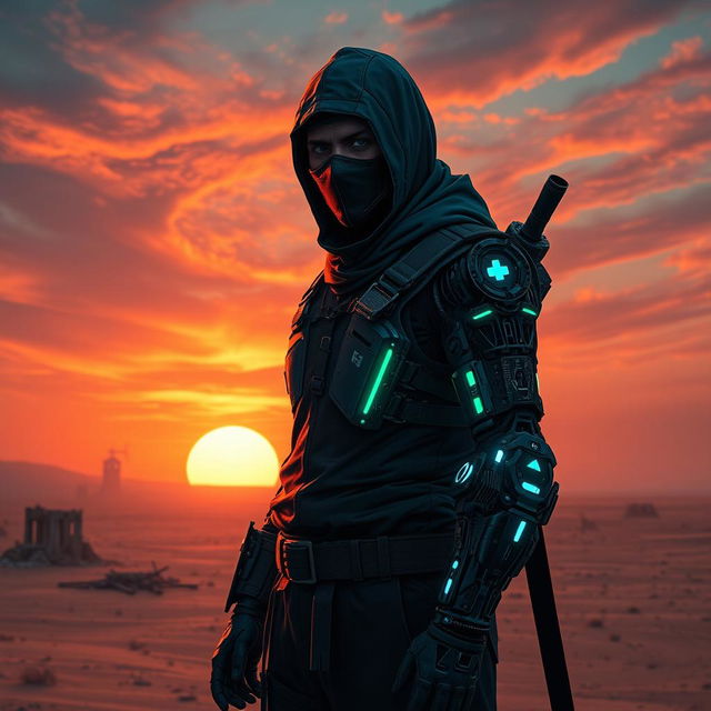 A captivating cyberpunk character design featuring a dark ninja with a human face and a bionic arm, set against a desolate desert landscape