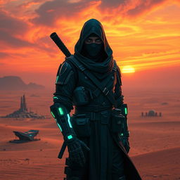 A captivating cyberpunk character design featuring a dark ninja with a human face and a bionic arm, set against a desolate desert landscape