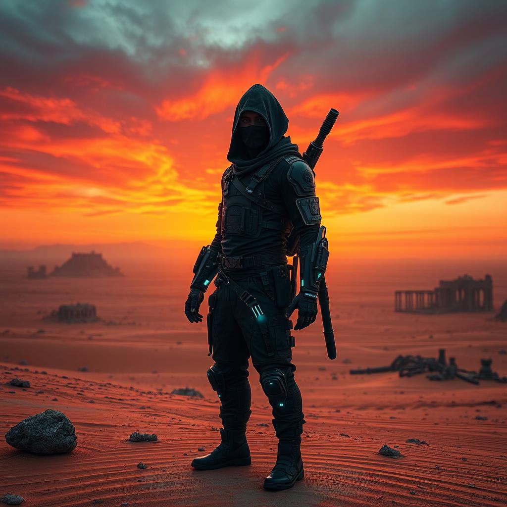 A captivating cyberpunk character design featuring a dark ninja with a human face and a bionic arm, set against a desolate desert landscape