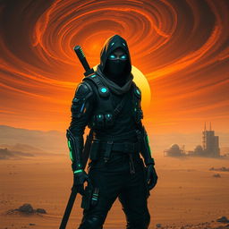 A captivating cyberpunk character design featuring a dark ninja with a human face and a bionic arm, set against a desolate desert landscape