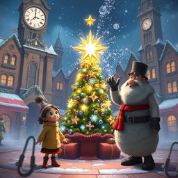 A magical scene capturing the moment just as the clock strikes eight in a festive town square