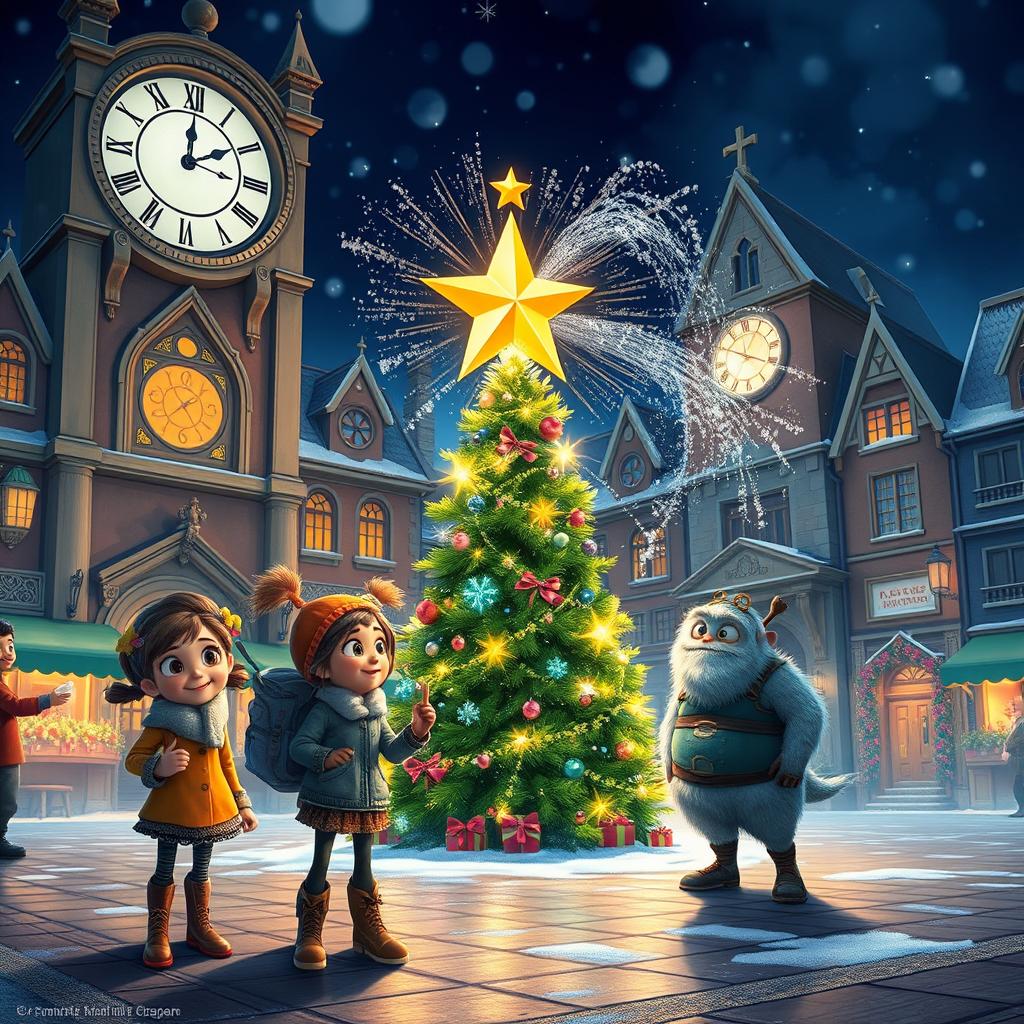 A magical scene capturing the moment just as the clock strikes eight in a festive town square