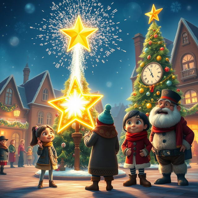 A magical scene capturing the moment just as the clock strikes eight in a festive town square