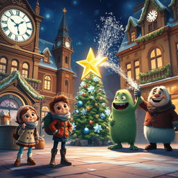 A magical scene capturing the moment just as the clock strikes eight in a festive town square