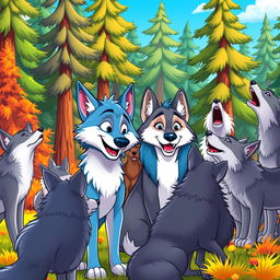 A vibrant cartoon scene featuring a pack of cartoon wolves gathered in a lush, colorful forest