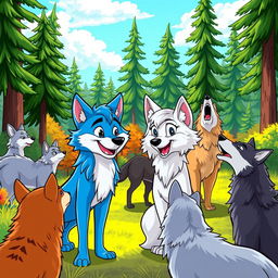 A vibrant cartoon scene featuring a pack of cartoon wolves gathered in a lush, colorful forest