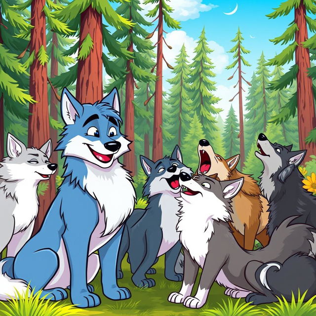 A vibrant cartoon scene featuring a pack of cartoon wolves gathered in a lush, colorful forest