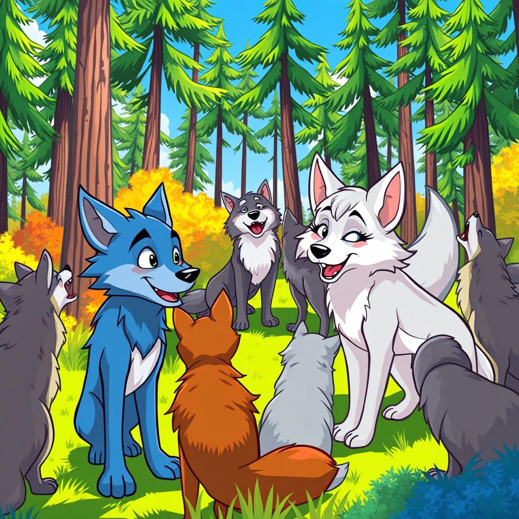 A vibrant cartoon scene featuring a pack of cartoon wolves gathered in a lush, colorful forest