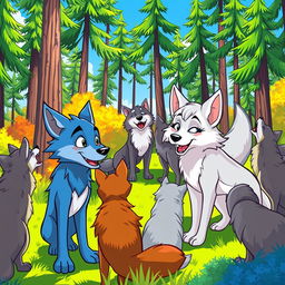 A vibrant cartoon scene featuring a pack of cartoon wolves gathered in a lush, colorful forest