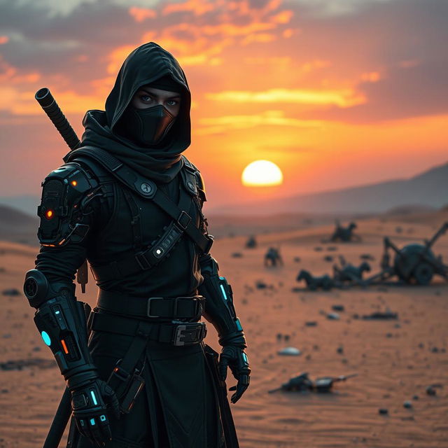 A captivating cyberpunk character design featuring a dark ninja with a human face and a bionic arm, set in a stark desert landscape