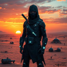 A captivating cyberpunk character design featuring a dark ninja with a human face and a bionic arm, set in a stark desert landscape
