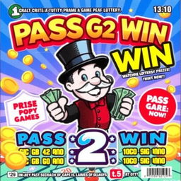 A vibrant and eye-catching lottery scratch-off ticket titled 'Pass Go 2 Win'