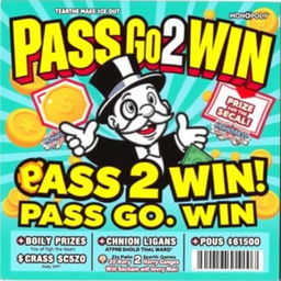 A vibrant and eye-catching lottery scratch-off ticket titled 'Pass Go 2 Win'