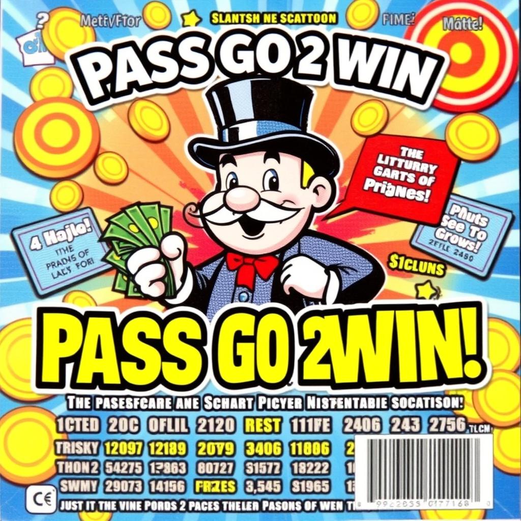 A vibrant and eye-catching lottery scratch-off ticket titled 'Pass Go 2 Win'