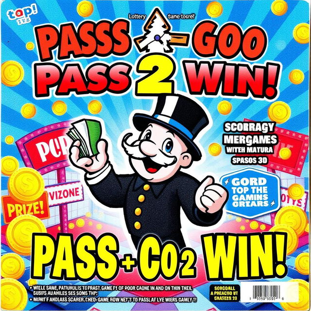 A vibrant and eye-catching lottery scratch-off ticket titled 'Pass Go 2 Win'