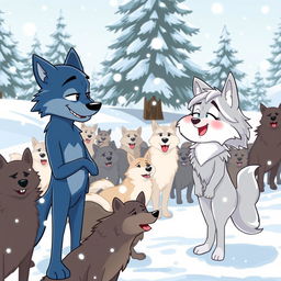 A lively cartoon scene depicting a pack of cartoon wolves in a snowy, cold environment