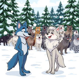 A lively cartoon scene depicting a pack of cartoon wolves in a snowy, cold environment