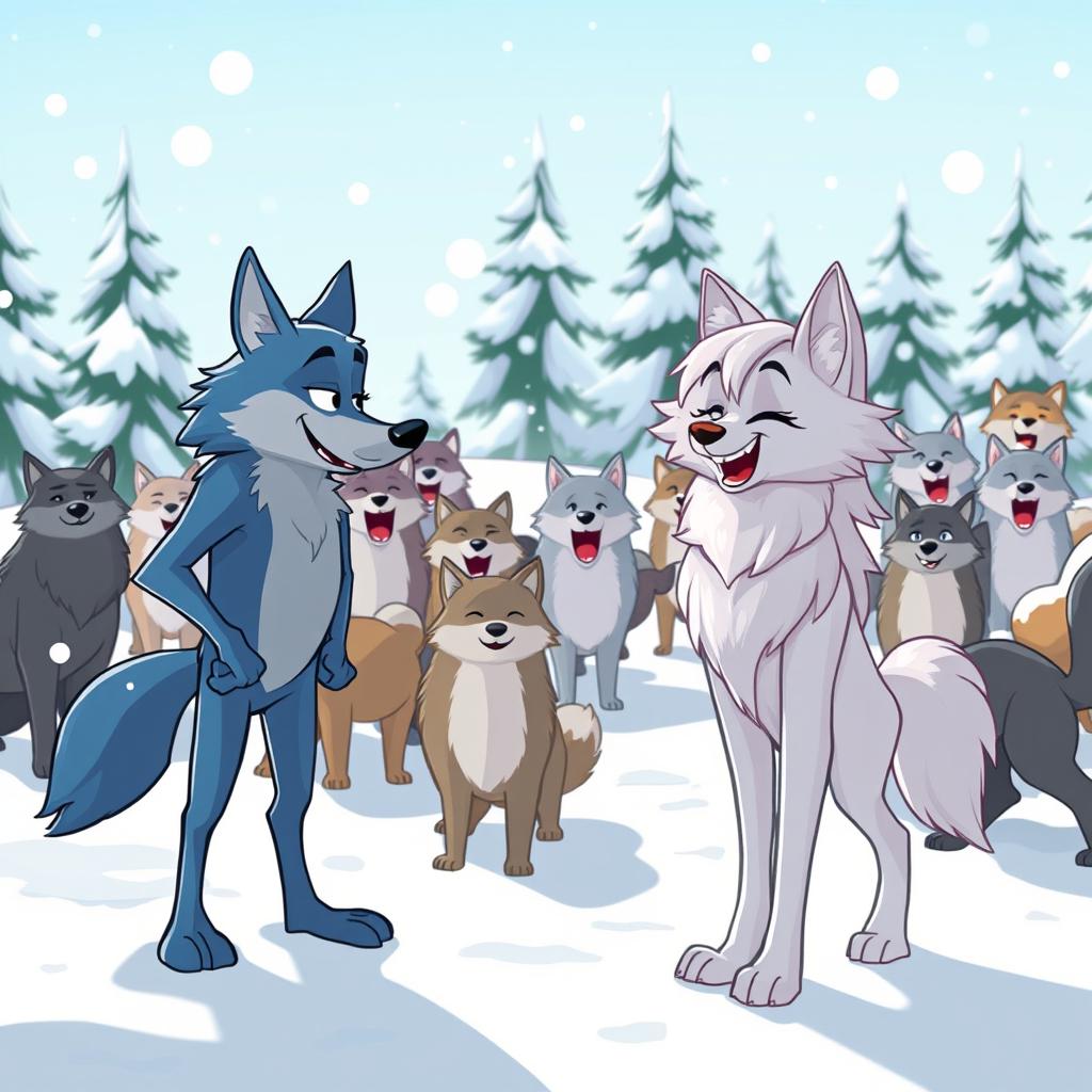 A lively cartoon scene depicting a pack of cartoon wolves in a snowy, cold environment