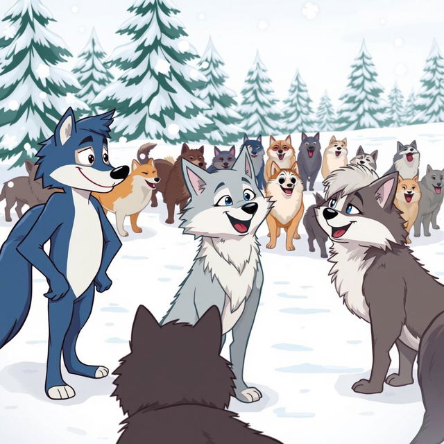 A lively cartoon scene depicting a pack of cartoon wolves in a snowy, cold environment