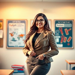 An artistic representation of a confident, curvy woman in a stylish outfit, showcasing her strong personality and elegant presence