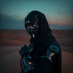 A cyberpunk-inspired scene featuring a dark ninja with an intricate mask and glowing eyes, showcasing a human face partially illuminated by neon lights