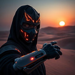 A cyberpunk-inspired scene featuring a dark ninja with an intricate mask and glowing eyes, showcasing a human face partially illuminated by neon lights