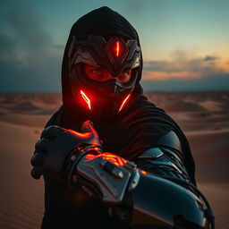 A cyberpunk-inspired scene featuring a dark ninja with an intricate mask and glowing eyes, showcasing a human face partially illuminated by neon lights