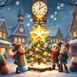 A heartwarming winter scene set in a festive town square as the clock strikes eight