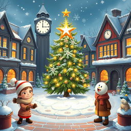 A heartwarming winter scene set in a festive town square as the clock strikes eight