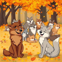 A charming cartoon scene depicting a pack of wolves during autumn, surrounded by falling leaves in warm hues of orange, yellow, and red