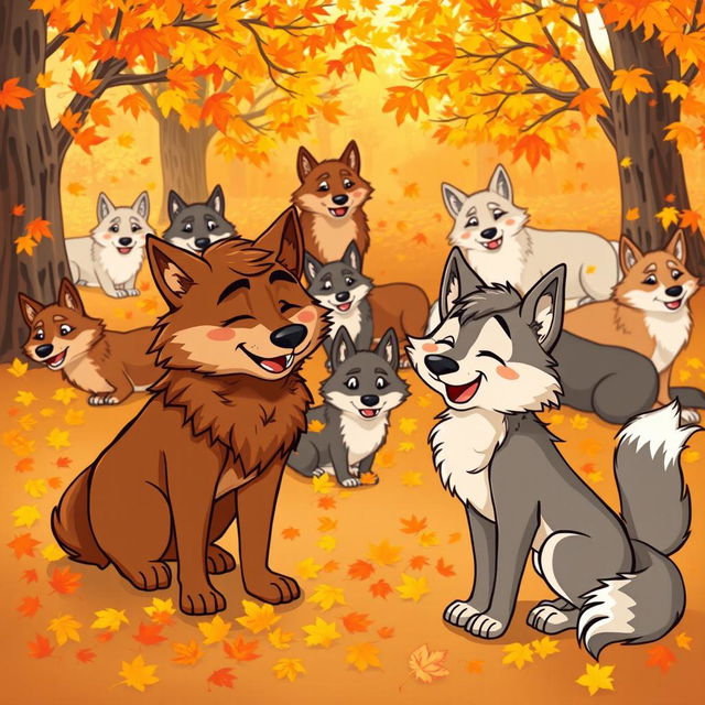 A charming cartoon scene depicting a pack of wolves during autumn, surrounded by falling leaves in warm hues of orange, yellow, and red