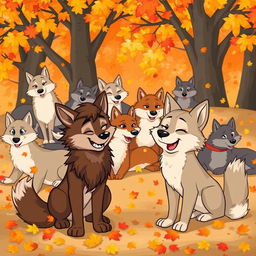 A charming cartoon scene depicting a pack of wolves during autumn, surrounded by falling leaves in warm hues of orange, yellow, and red