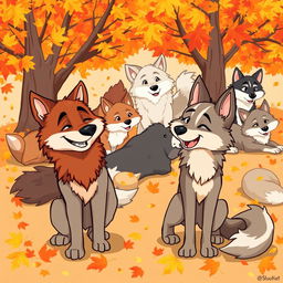 A charming cartoon scene depicting a pack of wolves during autumn, surrounded by falling leaves in warm hues of orange, yellow, and red