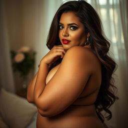A sensual and artistic portrayal of a voluptuous woman with curvaceous features, appreciating her form in a tasteful manner