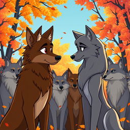 A cartoon scene depicting a pack of wolves in a vibrant autumn setting, with colorful leaves falling around them