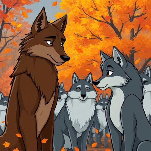 A cartoon scene depicting a pack of wolves in a vibrant autumn setting, with colorful leaves falling around them