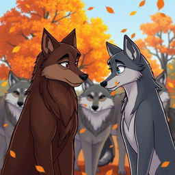 A cartoon scene depicting a pack of wolves in a vibrant autumn setting, with colorful leaves falling around them
