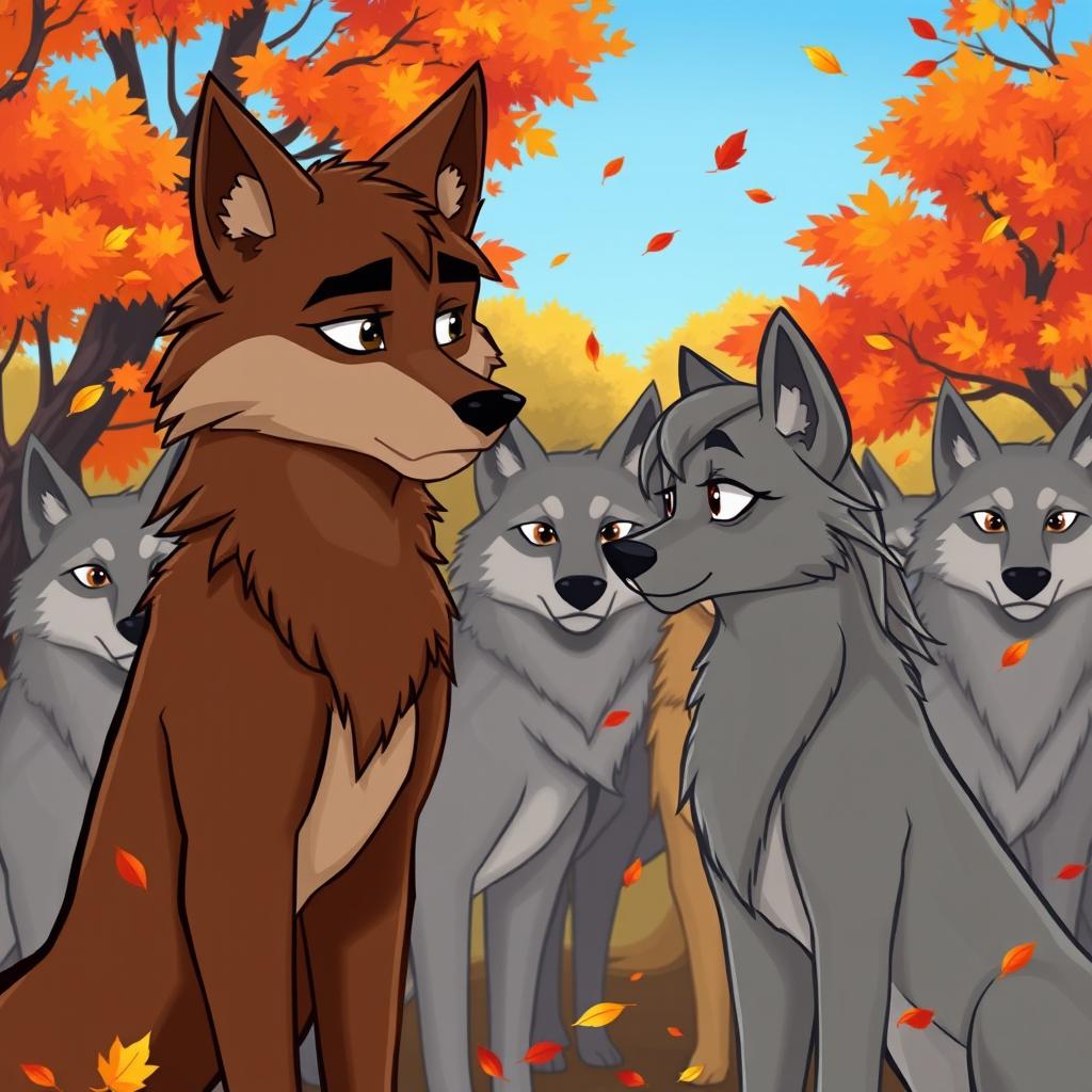 A cartoon scene depicting a pack of wolves in a vibrant autumn setting, with colorful leaves falling around them