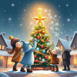 A beautifully illustrated winter scene capturing the moment Chole, Michelle, Mr