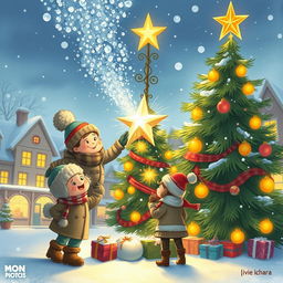 A beautifully illustrated winter scene capturing the moment Chole, Michelle, Mr