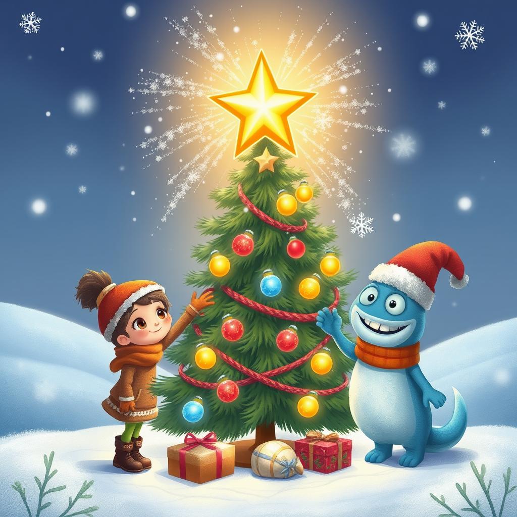 A whimsical winter scene where Chole, a cheerful girl with sparkling eyes, and Michelle, a clever girl with inventive gadgets, join forces with Mr