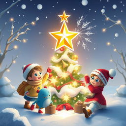 A whimsical winter scene where Chole, a cheerful girl with sparkling eyes, and Michelle, a clever girl with inventive gadgets, join forces with Mr