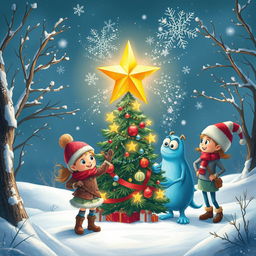 A whimsical winter scene where Chole, a cheerful girl with sparkling eyes, and Michelle, a clever girl with inventive gadgets, join forces with Mr