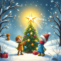 A whimsical winter scene where Chole, a cheerful girl with sparkling eyes, and Michelle, a clever girl with inventive gadgets, join forces with Mr