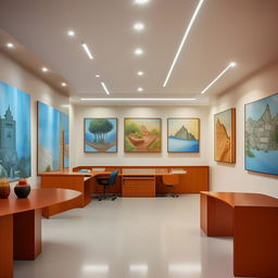 Redesign the chief's office on a campus with a Nepali theme, using light blue and its various tints and tones. The office should contain wall pictures illustrating Nepali culture, with an overall simple and subtle decor.