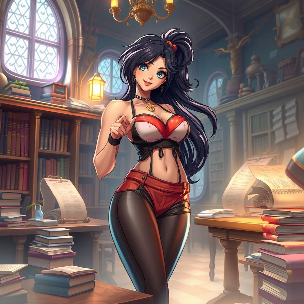 A fantastical and imaginative scene featuring a confident and alluring fantasy tutor character, depicted with an exaggerated hourglass figure, wearing stylish, bold clothing