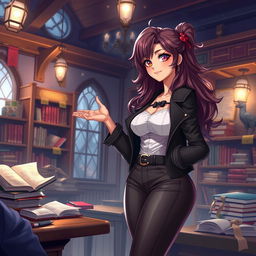 A fantastical and imaginative scene featuring a confident and alluring fantasy tutor character, depicted with an exaggerated hourglass figure, wearing stylish, bold clothing
